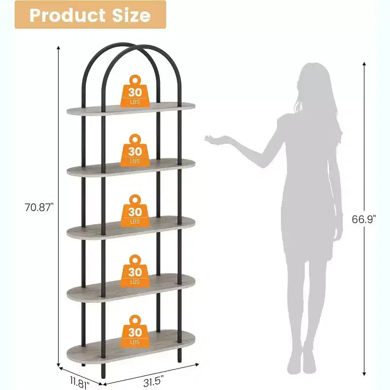 5 Tier Bookcase with Open Display Shelf, Vintage Industrial Style Display Shelf with Metal Frame for Living Room, Bedroom, Office