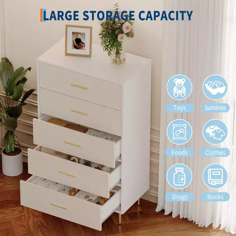 Modern White Nightstand for Bedroom, 5 Drawer Dresser, Small Bedside Table Night Stand, Wooden Nightstand with Drawers for Bedroom, Living Room