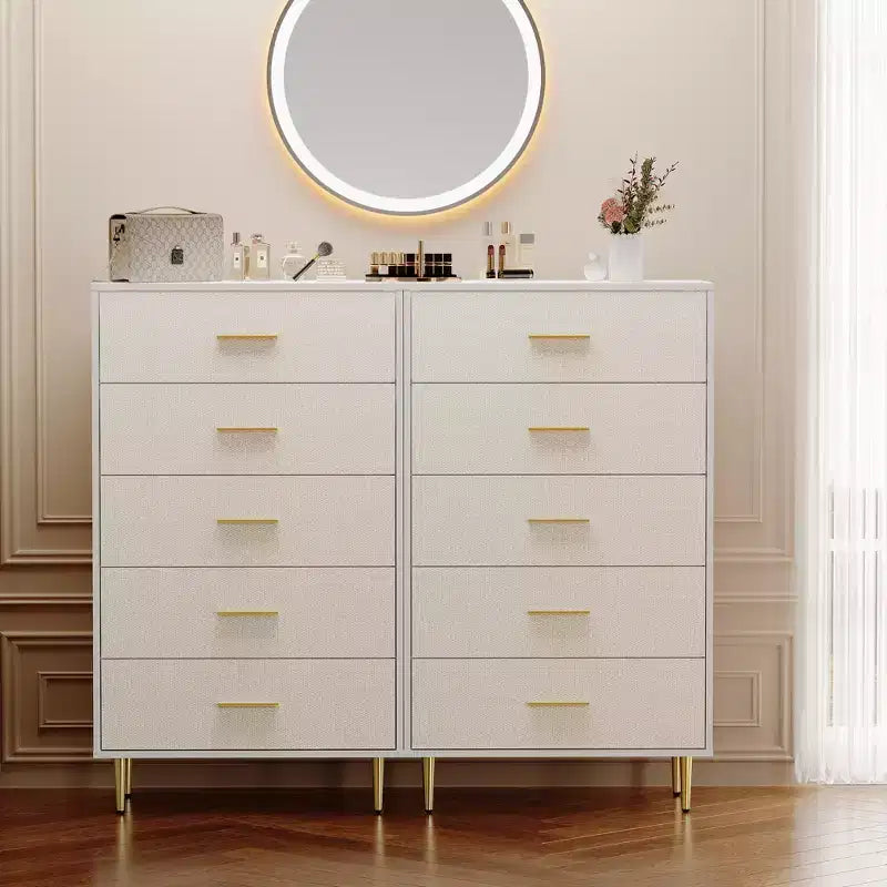 Modern White Nightstand for Bedroom, 5 Drawer Dresser, Small Bedside Table Night Stand, Wooden Nightstand with Drawers for Bedroom, Living Room