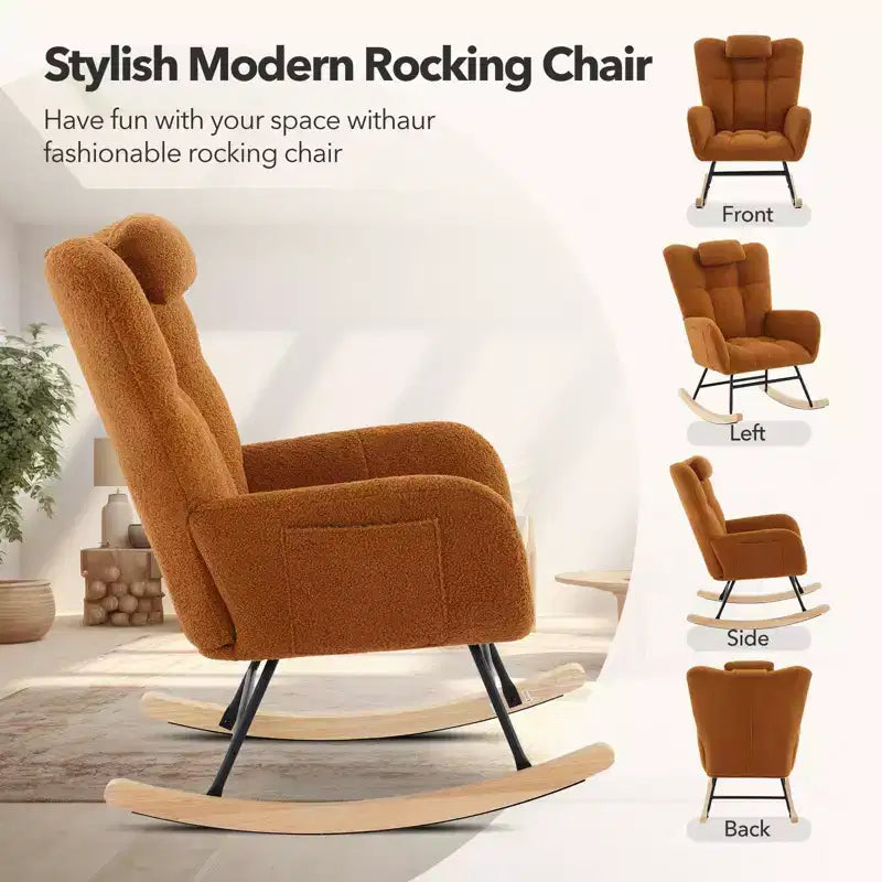 High Backrest Rocking Chair - 300lb Glider Chair with Wood Legs, Side Pockets, Teddy Upholstered Rocker, Padded Seat, for Living Room Bedroom Nursery