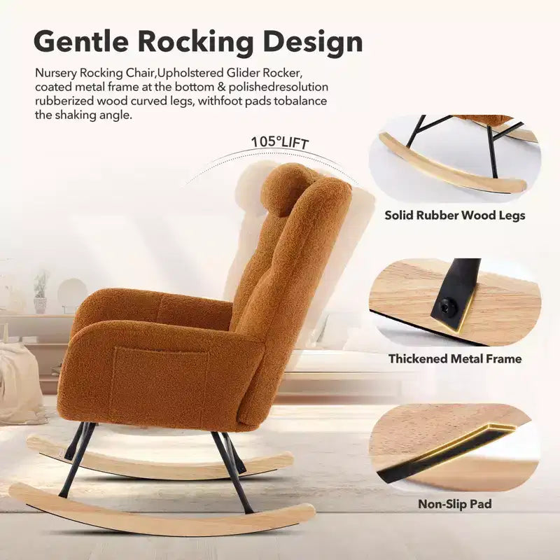 High Backrest Rocking Chair - 300lb Glider Chair with Wood Legs, Side Pockets, Teddy Upholstered Rocker, Padded Seat, for Living Room Bedroom Nursery