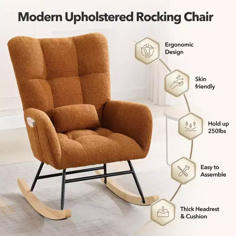 High Backrest Rocking Chair - 300lb Glider Chair with Wood Legs, Side Pockets, Teddy Upholstered Rocker, Padded Seat, for Living Room Bedroom Nursery
