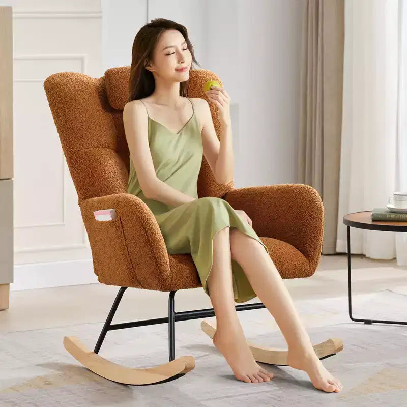 High Backrest Rocking Chair - 300lb Glider Chair with Wood Legs, Side Pockets, Teddy Upholstered Rocker, Padded Seat, for Living Room Bedroom Nursery