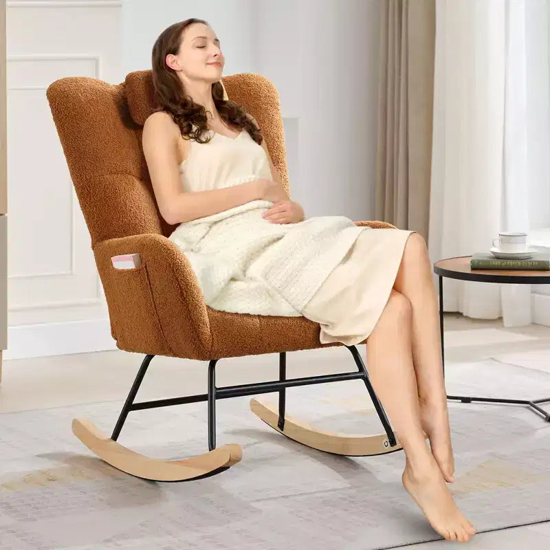 High Backrest Rocking Chair - 300lb Glider Chair with Wood Legs, Side Pockets, Teddy Upholstered Rocker, Padded Seat, for Living Room Bedroom Nursery
