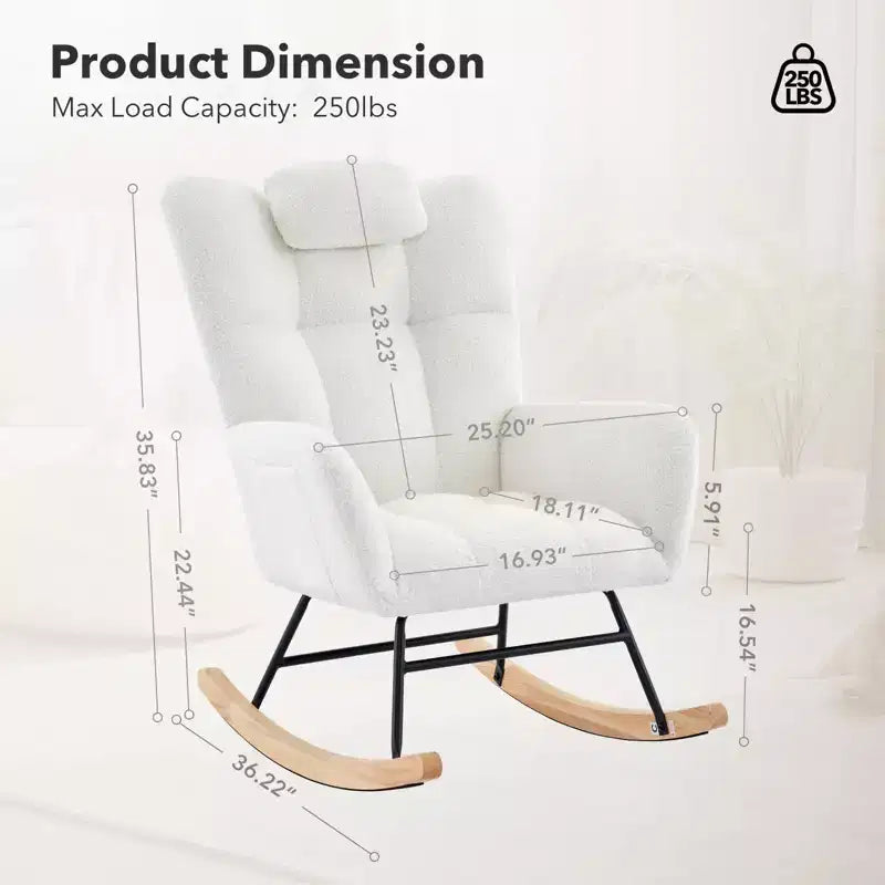 High Backrest Rocking Chair - 300lb Glider Chair with Wood Legs, Side Pockets, Teddy Upholstered Rocker, Padded Seat, for Living Room Bedroom Nursery