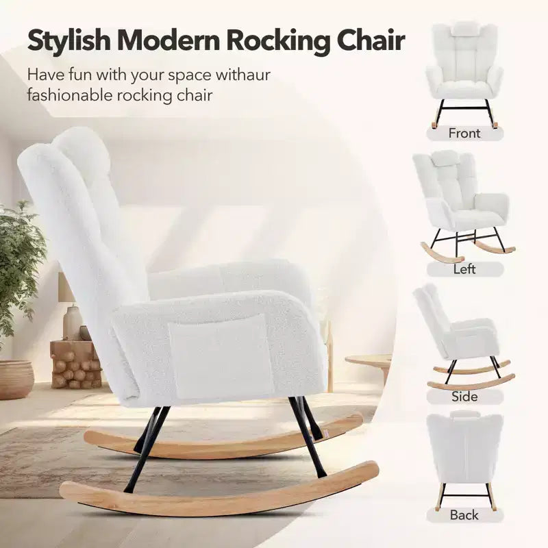 High Backrest Rocking Chair - 300lb Glider Chair with Wood Legs, Side Pockets, Teddy Upholstered Rocker, Padded Seat, for Living Room Bedroom Nursery