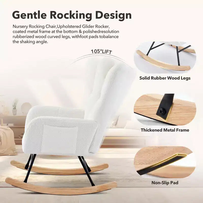 High Backrest Rocking Chair - 300lb Glider Chair with Wood Legs, Side Pockets, Teddy Upholstered Rocker, Padded Seat, for Living Room Bedroom Nursery
