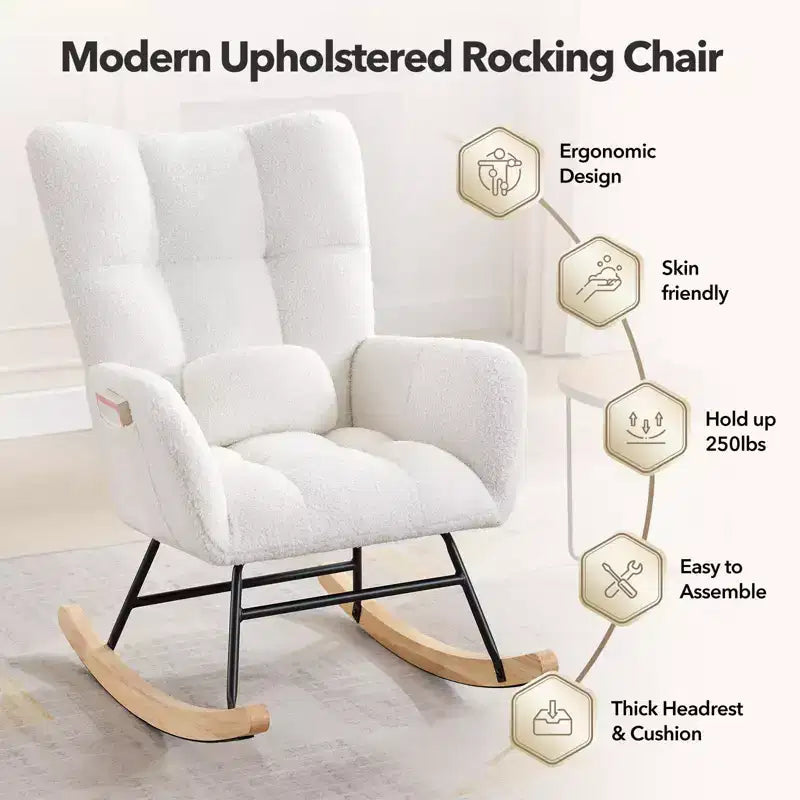 High Backrest Rocking Chair - 300lb Glider Chair with Wood Legs, Side Pockets, Teddy Upholstered Rocker, Padded Seat, for Living Room Bedroom Nursery