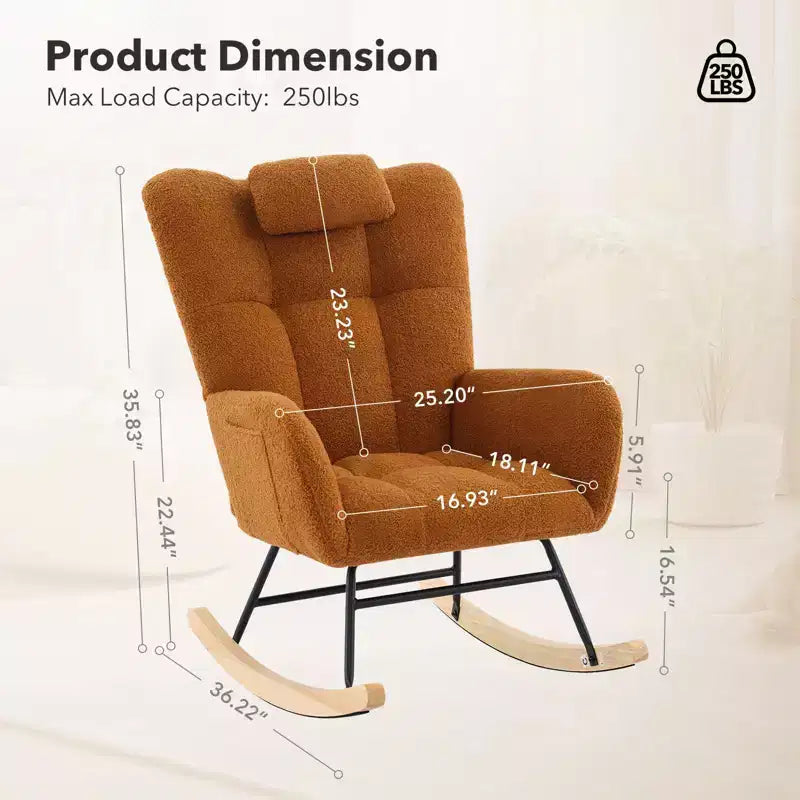 High Backrest Rocking Chair - 300lb Glider Chair with Wood Legs, Side Pockets, Teddy Upholstered Rocker, Padded Seat, for Living Room Bedroom Nursery