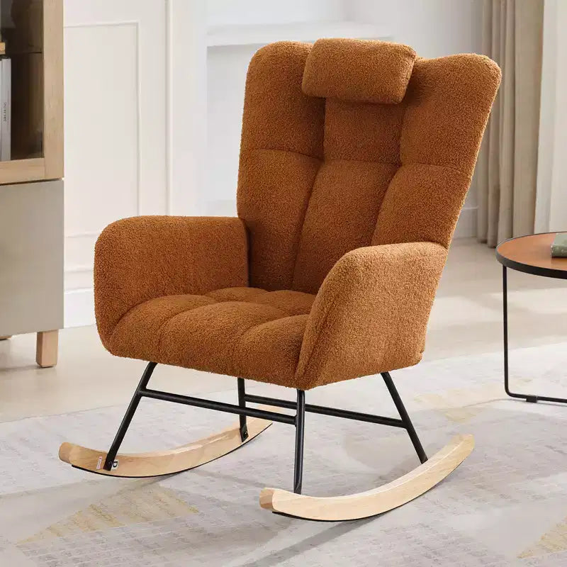 High Backrest Rocking Chair - 300lb Glider Chair with Wood Legs, Side Pockets, Teddy Upholstered Rocker, Padded Seat, for Living Room Bedroom Nursery