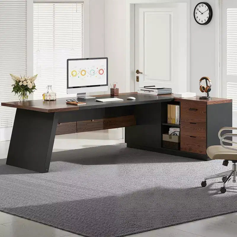 MAYEERTY L-Shaped Desk with Mobile Filing Cabinet, Heavy-Duty Metal Frame & 1.2-Inch Compressed Board