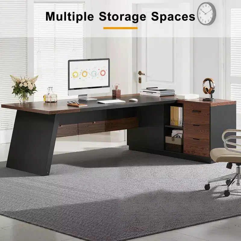 MAYEERTY L-Shaped Desk with Mobile Filing Cabinet, Heavy-Duty Metal Frame & 1.2-Inch Compressed Board