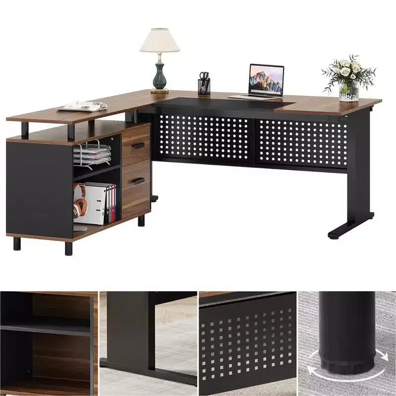 MAYEERTY L-Shaped Desk with Mobile Filing Cabinet, Heavy-Duty Metal Frame & 1.2-Inch Compressed Board