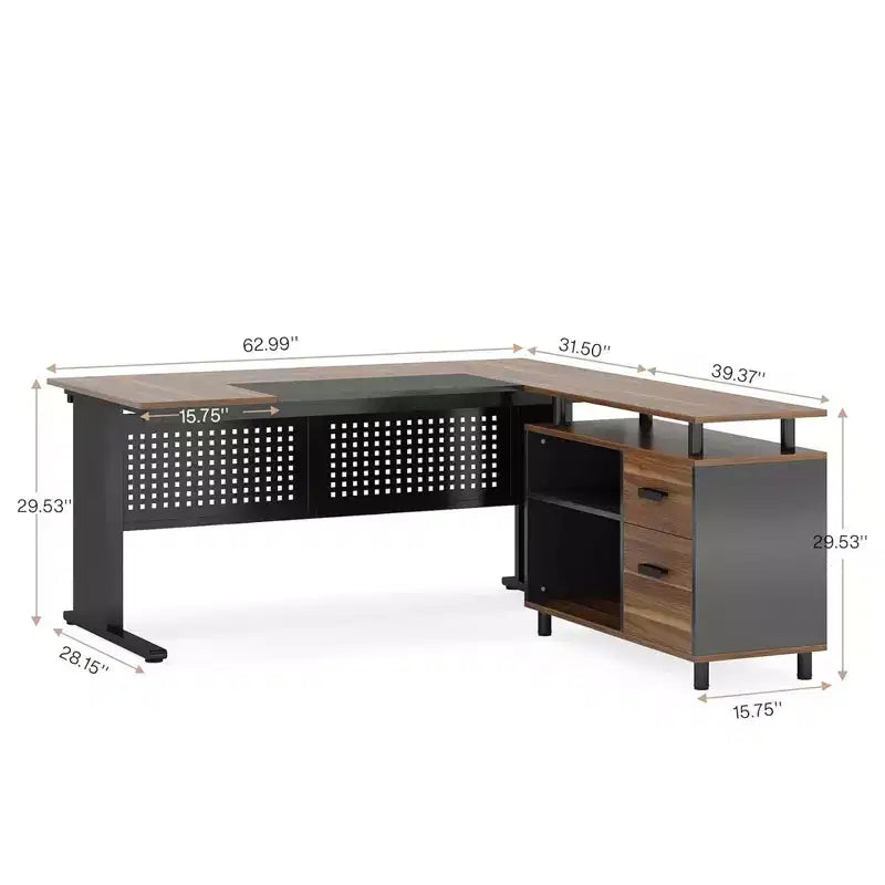 MAYEERTY L-Shaped Desk with Mobile Filing Cabinet, Heavy-Duty Metal Frame & 1.2-Inch Compressed Board