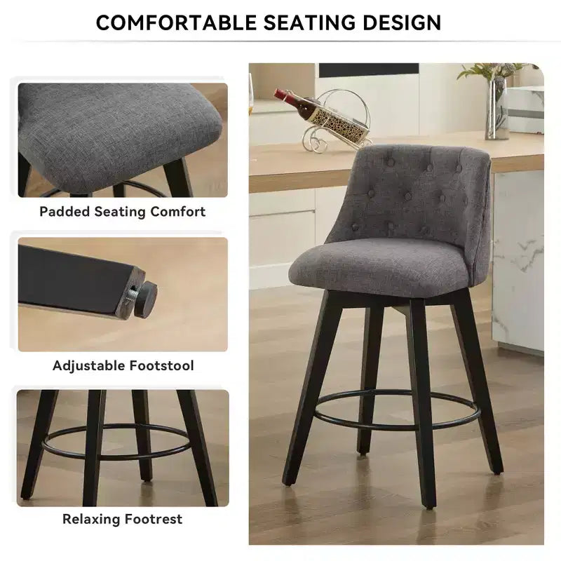 Lot de 2 tabourets de bar pivotants, tabourets de comptoir rembourrés en lin avec dossier capitonné, tabourets de pub pour chaise de salle à manger, blanc/gris foncé-Modernluxe