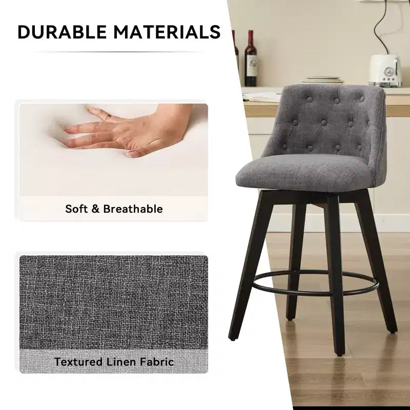 Lot de 2 tabourets de bar pivotants, tabourets de comptoir rembourrés en lin avec dossier capitonné, tabourets de pub pour chaise de salle à manger, blanc/gris foncé-Modernluxe