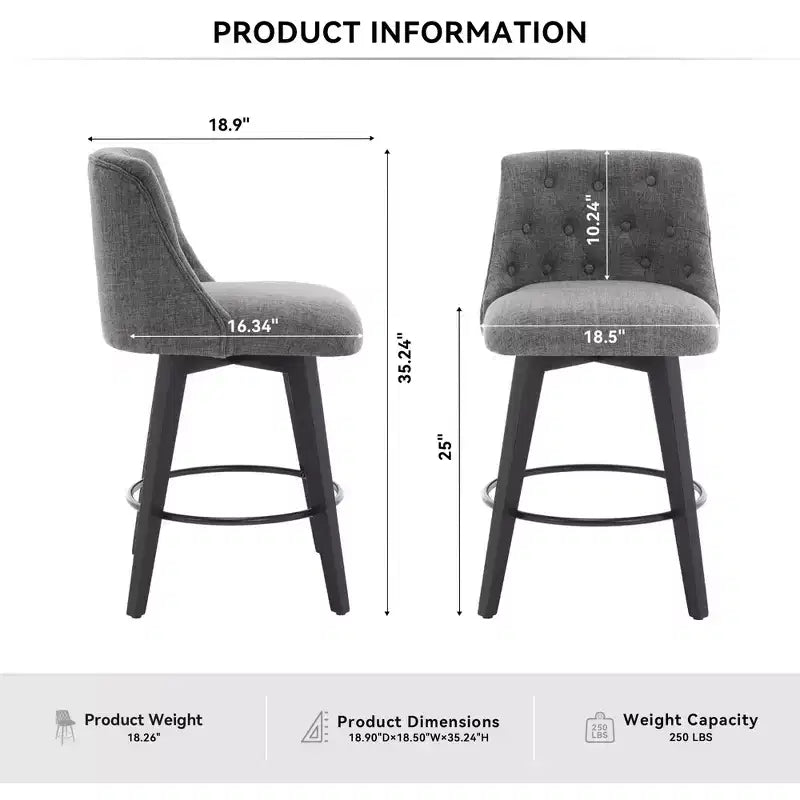 Lot de 2 tabourets de bar pivotants, tabourets de comptoir rembourrés en lin avec dossier capitonné, tabourets de pub pour chaise de salle à manger, blanc/gris foncé-Modernluxe