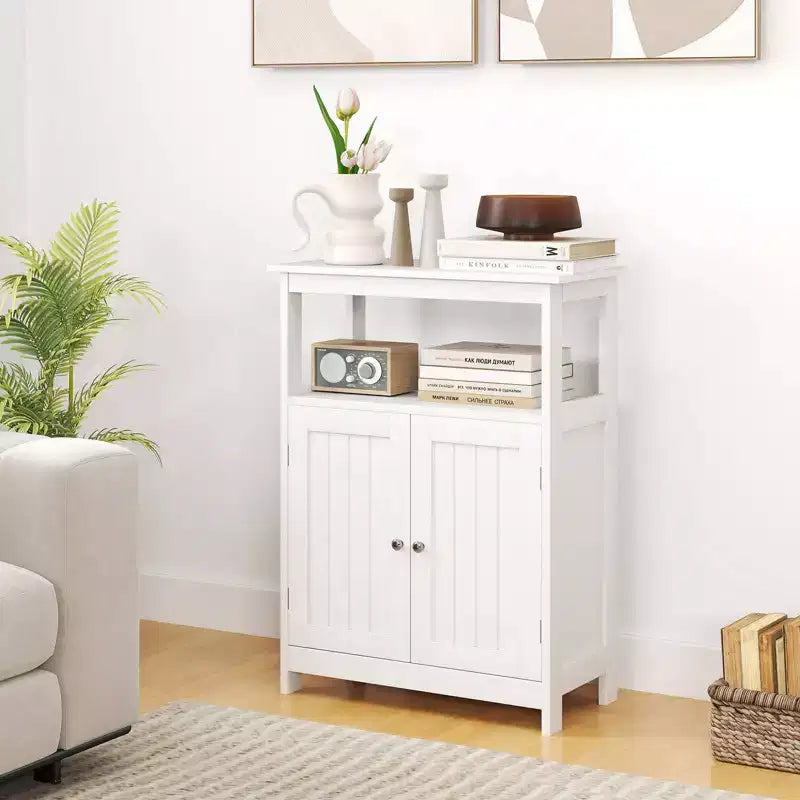 Costway Bathroom Floor Cabinet Freestanding Storage Organizer with 2 Doors Open Compartment Black/White