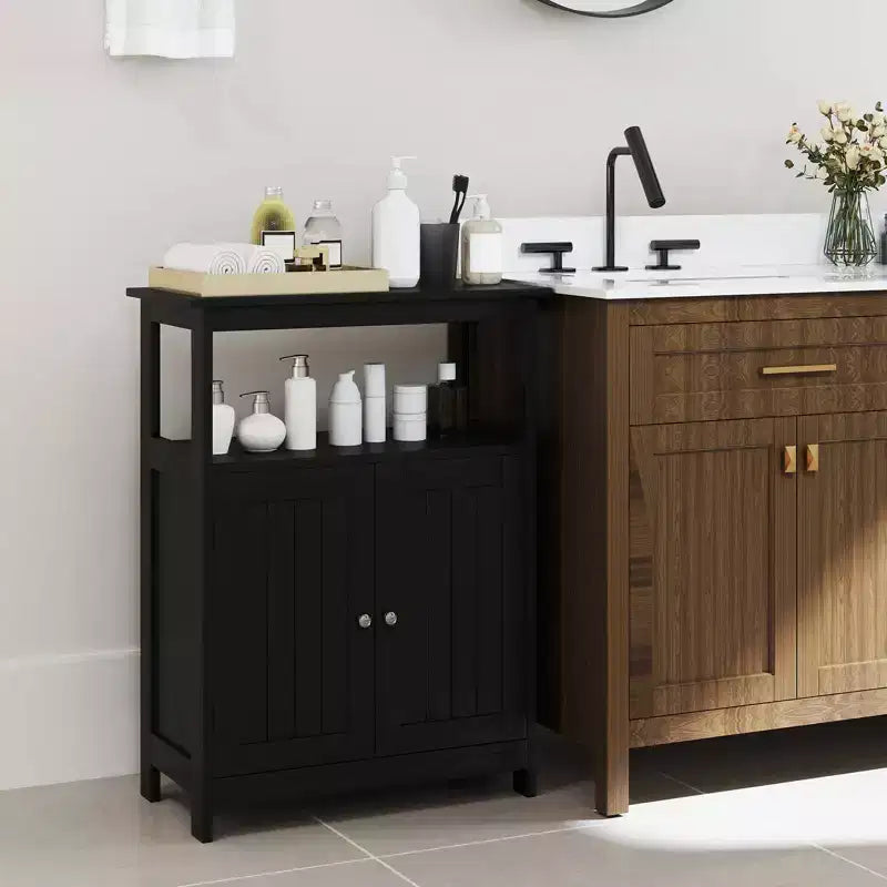 Costway Bathroom Floor Cabinet Freestanding Storage Organizer with 2 Doors Open Compartment Black/White