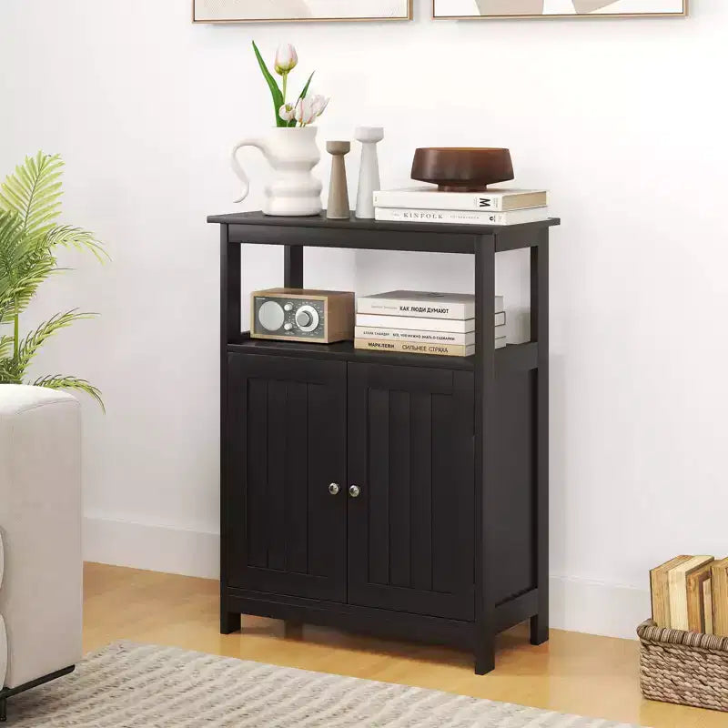 Costway Bathroom Floor Cabinet Freestanding Storage Organizer with 2 Doors Open Compartment Black/White