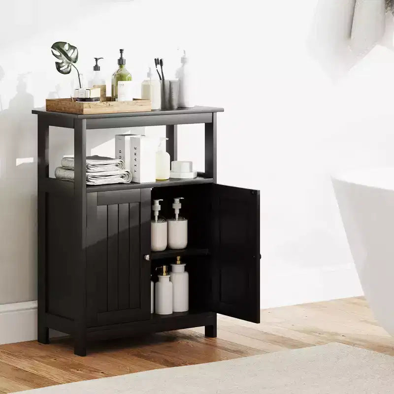 Costway Bathroom Floor Cabinet Freestanding Storage Organizer with 2 Doors Open Compartment Black/White