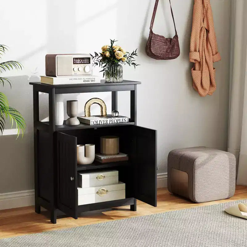 Costway Bathroom Floor Cabinet Freestanding Storage Organizer with 2 Doors Open Compartment Black/White