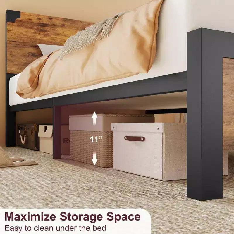 Platform Bed Frame with Headboard & 4 Storage Drawers, Sturdy Quiet Metal Platform Bed Frame