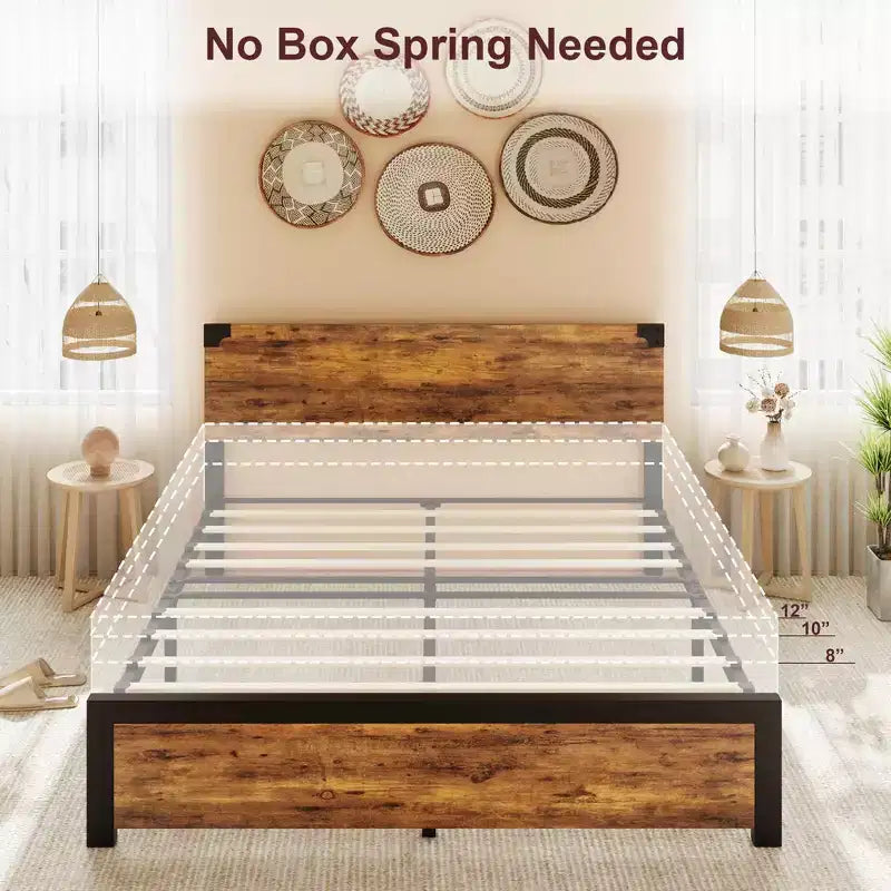 Platform Bed Frame with Headboard & 4 Storage Drawers, Sturdy Quiet Metal Platform Bed Frame