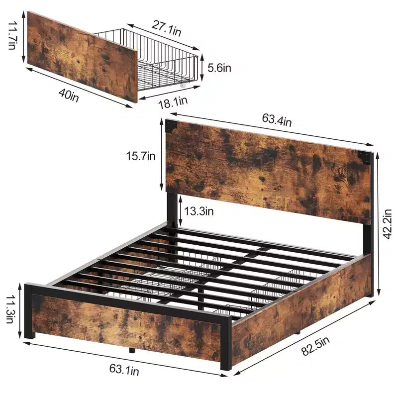 Platform Bed Frame with Headboard & 4 Storage Drawers, Sturdy Quiet Metal Platform Bed Frame