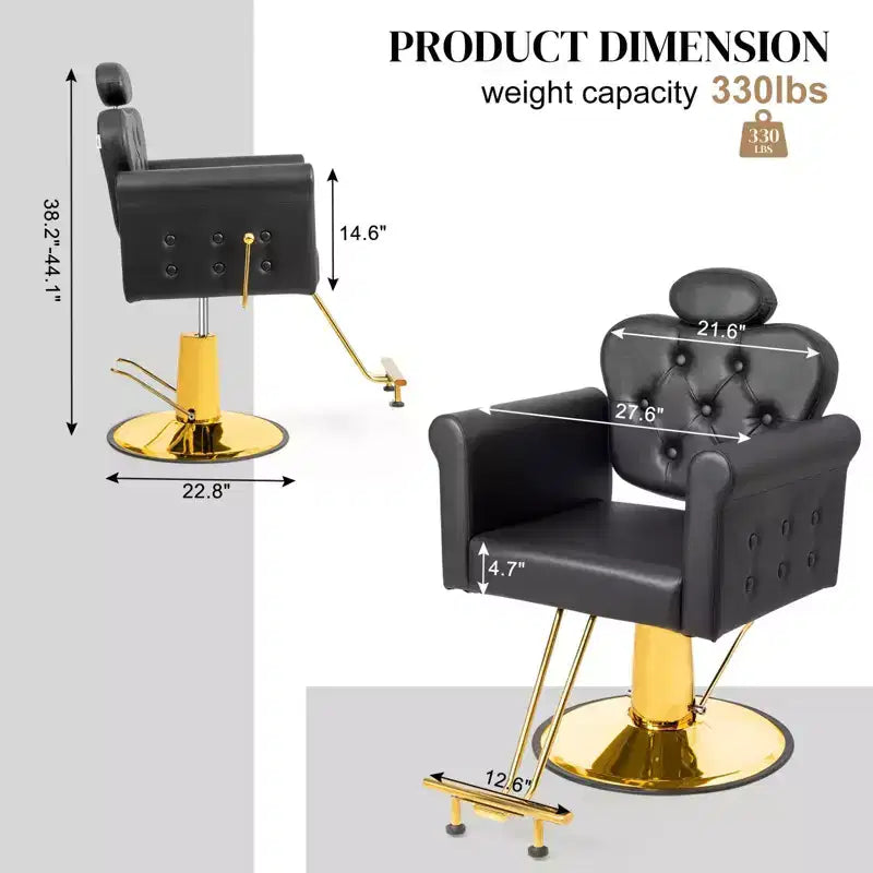 Karl Home Black Gold Heavy Duty Hydraulic Reclining Hair Stylist Salon Chair with Headrest