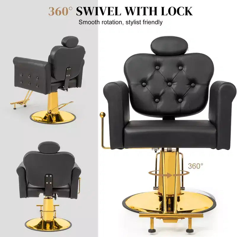 Karl Home Black Gold Heavy Duty Hydraulic Reclining Hair Stylist Salon Chair with Headrest
