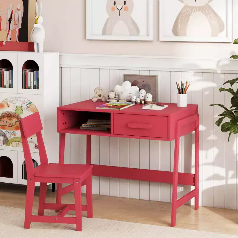 Costway Kids Desk and Chair Set with Storage Drawer and Hutch, Student Writing Desk Set Brown/Pink/White/Black
