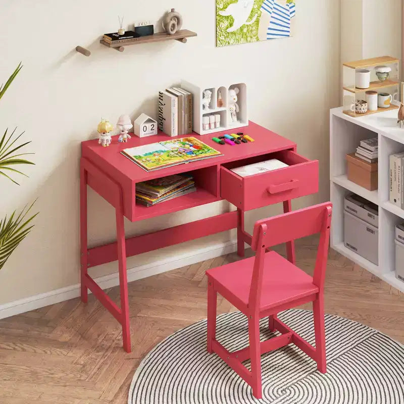 Costway Kids Desk and Chair Set with Storage Drawer and Hutch, Student Writing Desk Set Brown/Pink/White/Black