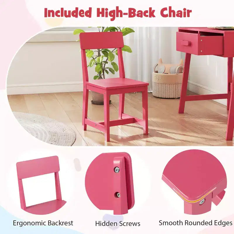 Costway Kids Desk and Chair Set with Storage Drawer and Hutch, Student Writing Desk Set Brown/Pink/White/Black