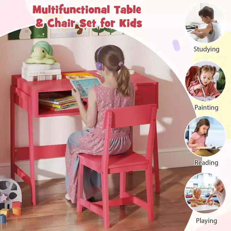 Costway Kids Desk and Chair Set with Storage Drawer and Hutch, Student Writing Desk Set Brown/Pink/White/Black