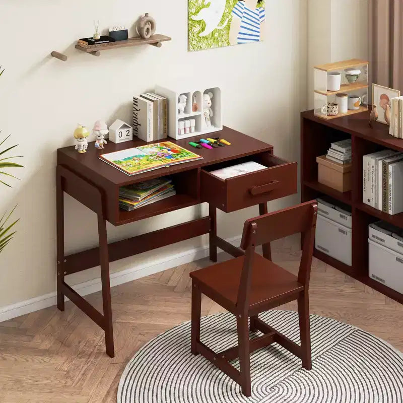 Costway Kids Desk and Chair Set with Storage Drawer and Hutch, Student Writing Desk Set Brown/Pink/White/Black