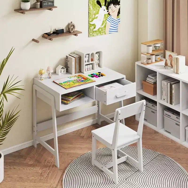 Costway Kids Desk and Chair Set with Storage Drawer and Hutch, Student Writing Desk Set Brown/Pink/White/Black