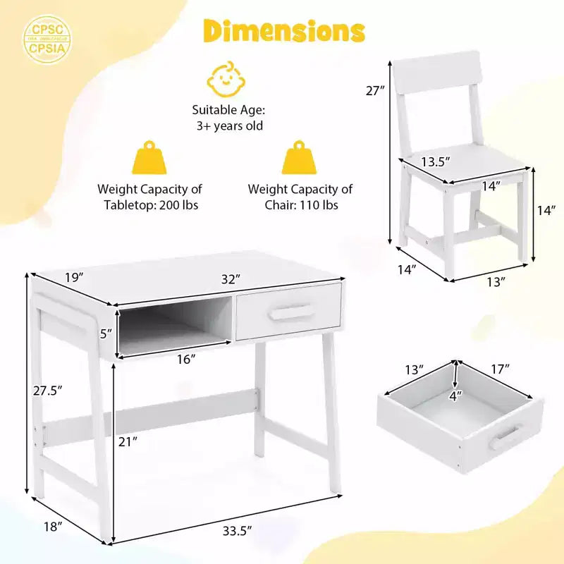 Costway Kids Desk and Chair Set with Storage Drawer and Hutch, Student Writing Desk Set Brown/Pink/White/Black