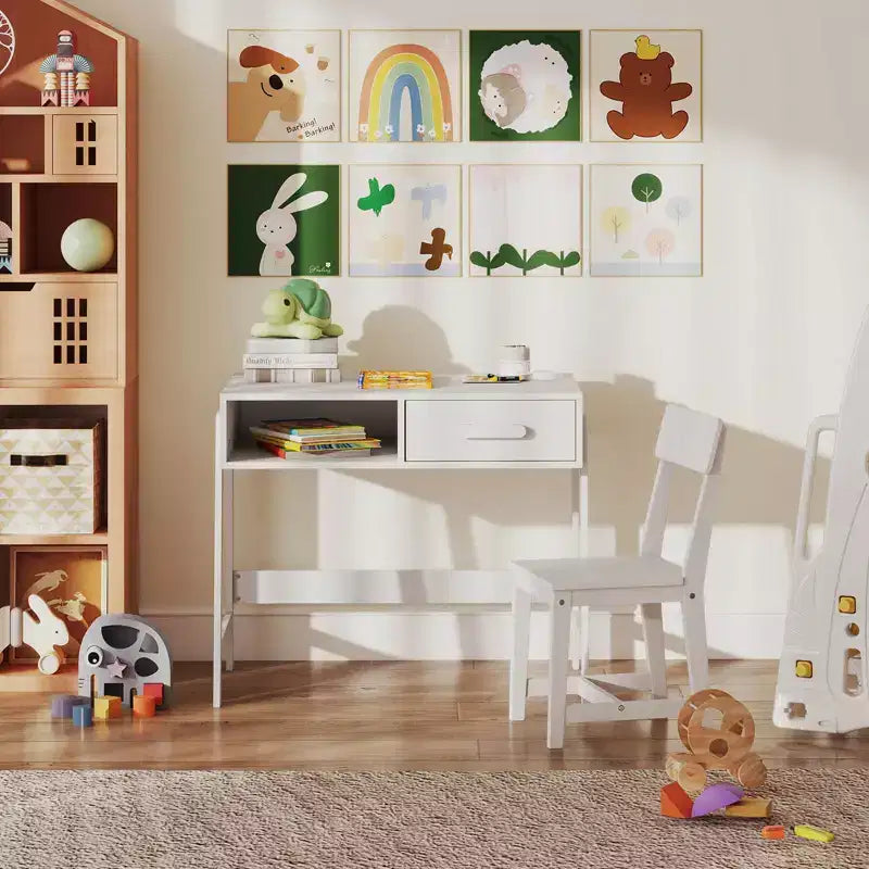 Costway Kids Desk and Chair Set with Storage Drawer and Hutch, Student Writing Desk Set Brown/Pink/White/Black