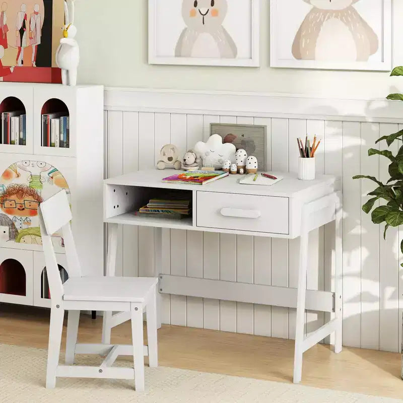 Costway Kids Desk and Chair Set with Storage Drawer and Hutch, Student Writing Desk Set Brown/Pink/White/Black
