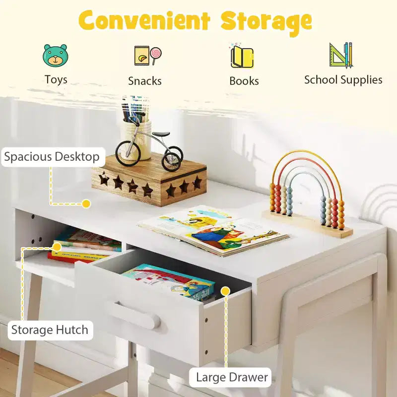 Costway Kids Desk and Chair Set with Storage Drawer and Hutch, Student Writing Desk Set Brown/Pink/White/Black