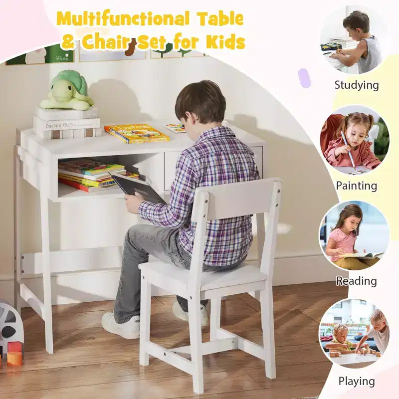 Costway Kids Desk and Chair Set with Storage Drawer and Hutch, Student Writing Desk Set Brown/Pink/White/Black