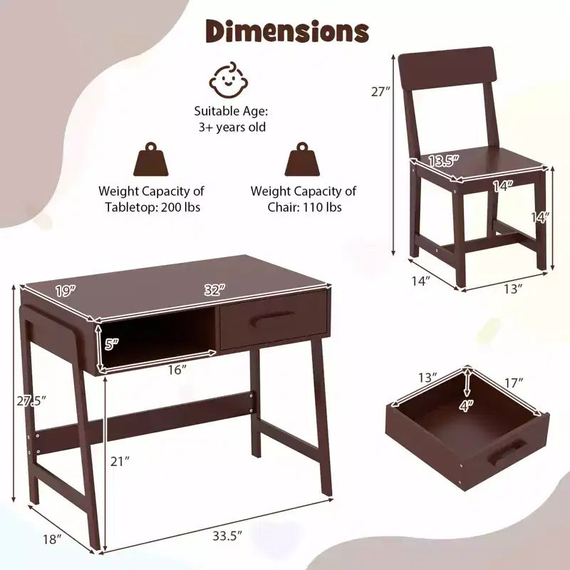 Costway Kids Desk and Chair Set with Storage Drawer and Hutch, Student Writing Desk Set Brown/Pink/White/Black