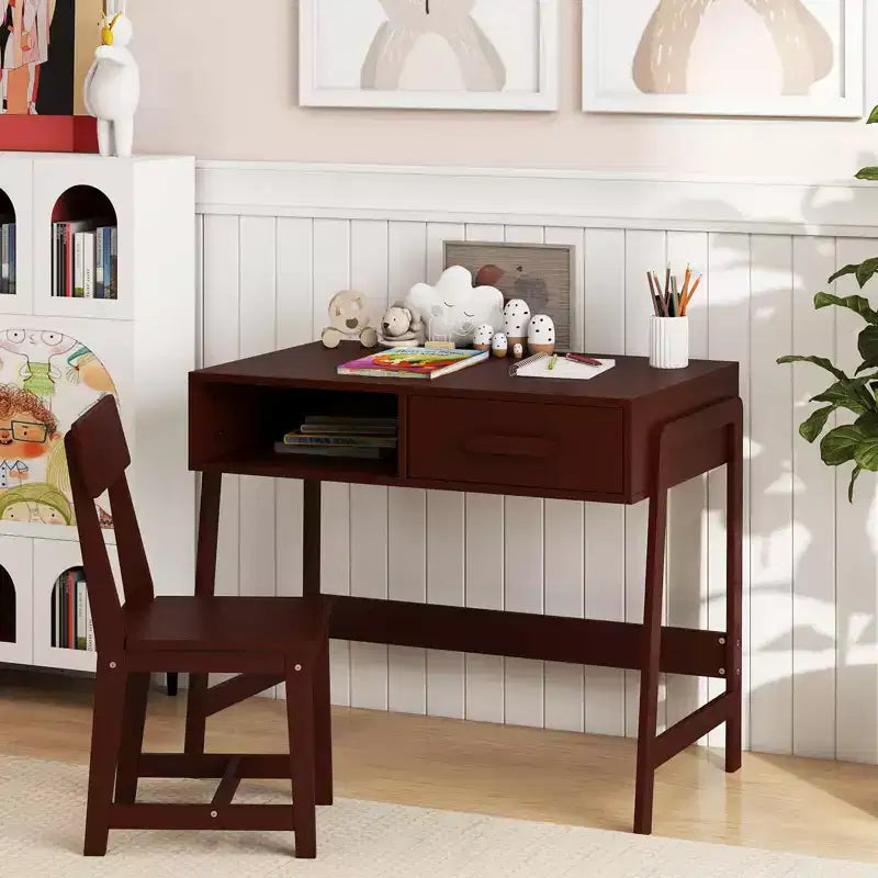 Costway Kids Desk and Chair Set with Storage Drawer and Hutch, Student Writing Desk Set Brown/Pink/White/Black