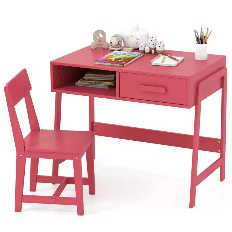 Costway Kids Desk and Chair Set with Storage Drawer and Hutch, Student Writing Desk Set Brown/Pink/White/Black