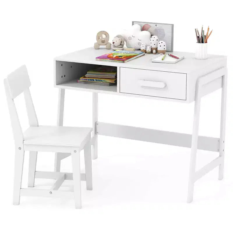 Costway Kids Desk and Chair Set with Storage Drawer and Hutch, Student Writing Desk Set Brown/Pink/White/Black