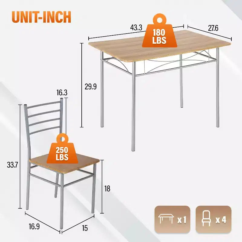 FDW 5 Piece Dining Table Set Ideal for Dining Rooms and Kitchens, Brown