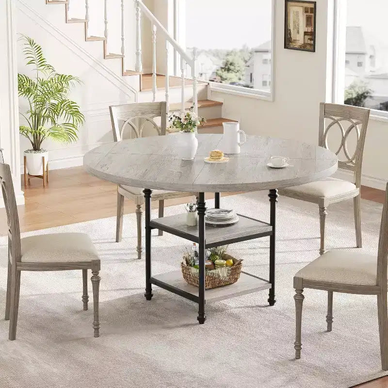 Round Wooden Dining Table for 4-6, Modern 3-Layer Kitchen Table with Storage Shelves and Roman Metal Legs, Ideal for Dining Room and Living Room.