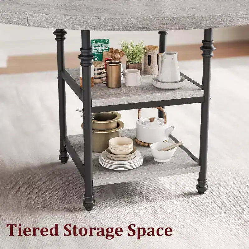 Round Wooden Dining Table for 4-6, Modern 3-Layer Kitchen Table with Storage Shelves and Roman Metal Legs, Ideal for Dining Room and Living Room.