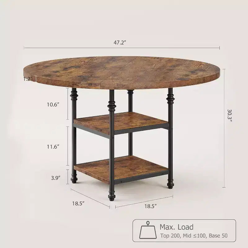 Round Wooden Dining Table for 4-6, Modern 3-Layer Kitchen Table with Storage Shelves and Roman Metal Legs, Ideal for Dining Room and Living Room.